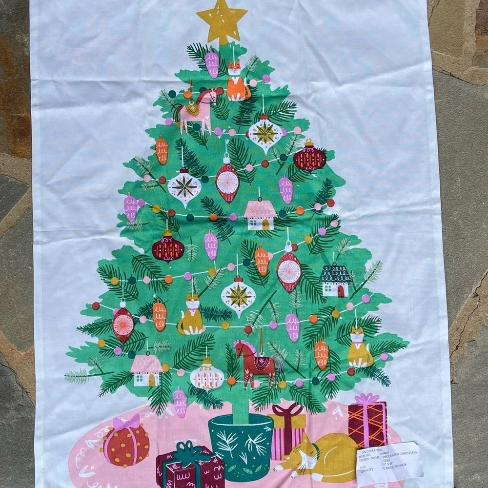 Anthropologie- Decorated Christmas Tree With Bells Dish Towel